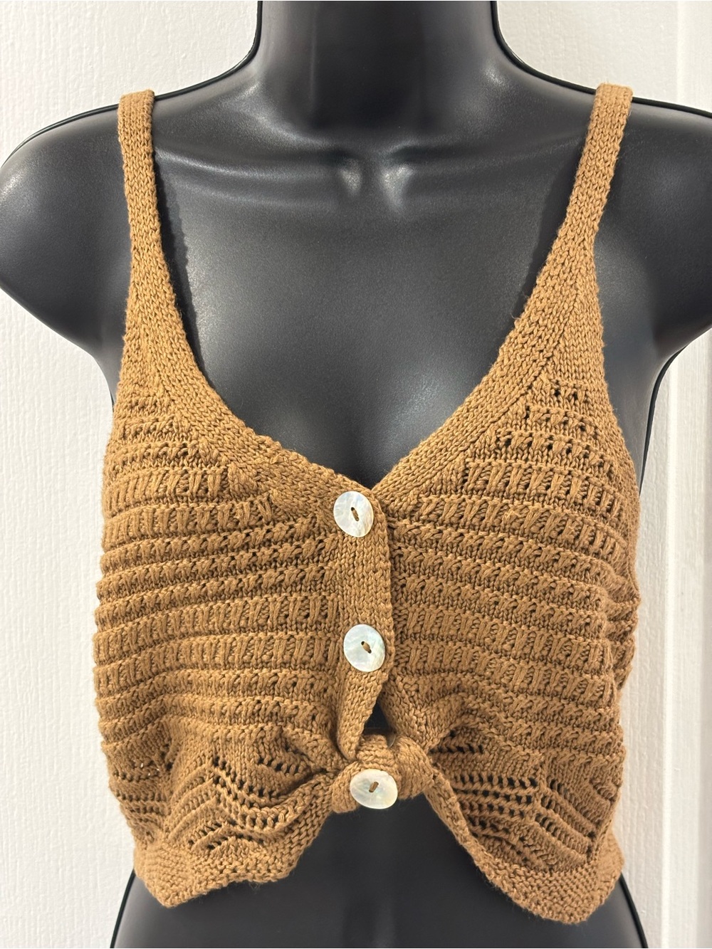 Jolie & Joy Crochet Knit Cropped Camisole Tank Camel Tan
